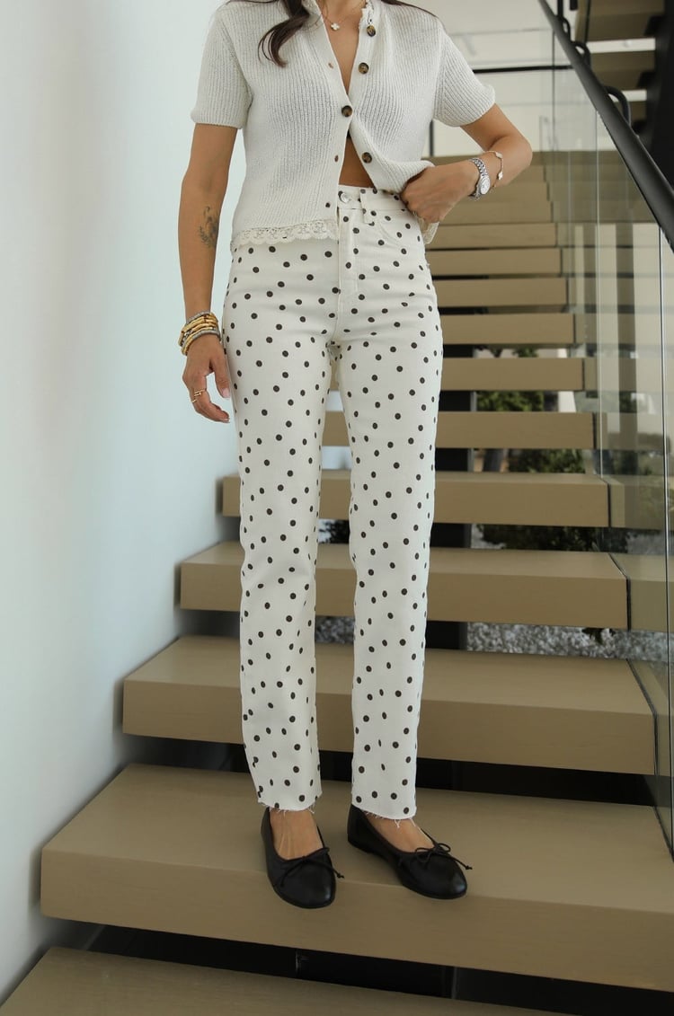 Ekru Puantiyeli Boy Fit Jean