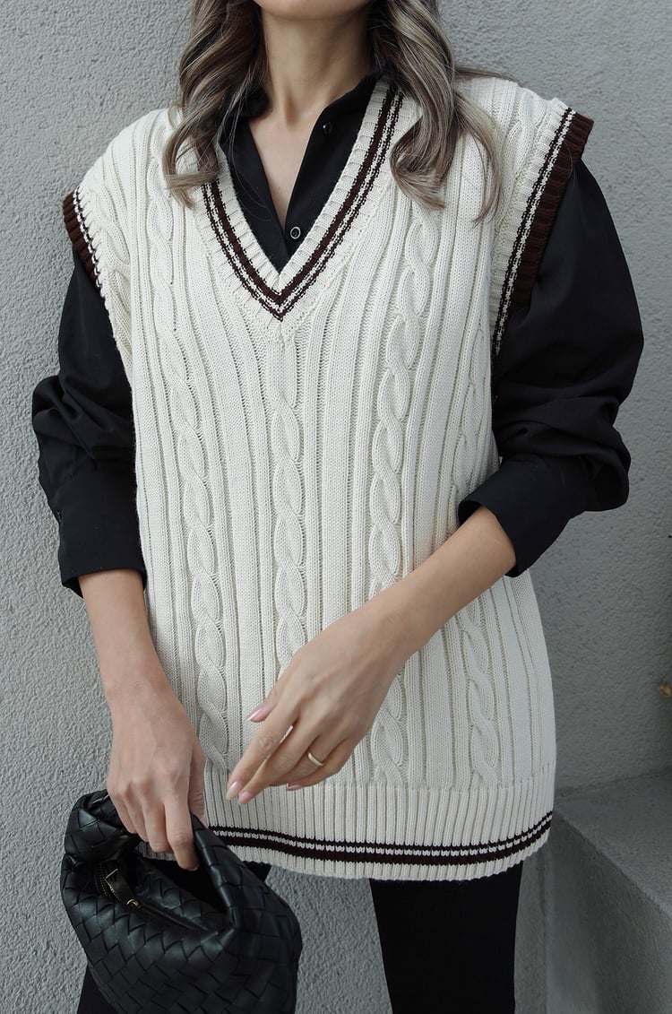 Ekru Saç Örgü Desenli Süveter