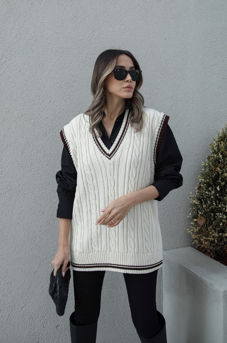 Ekru Saç Örgü Desenli Süveter