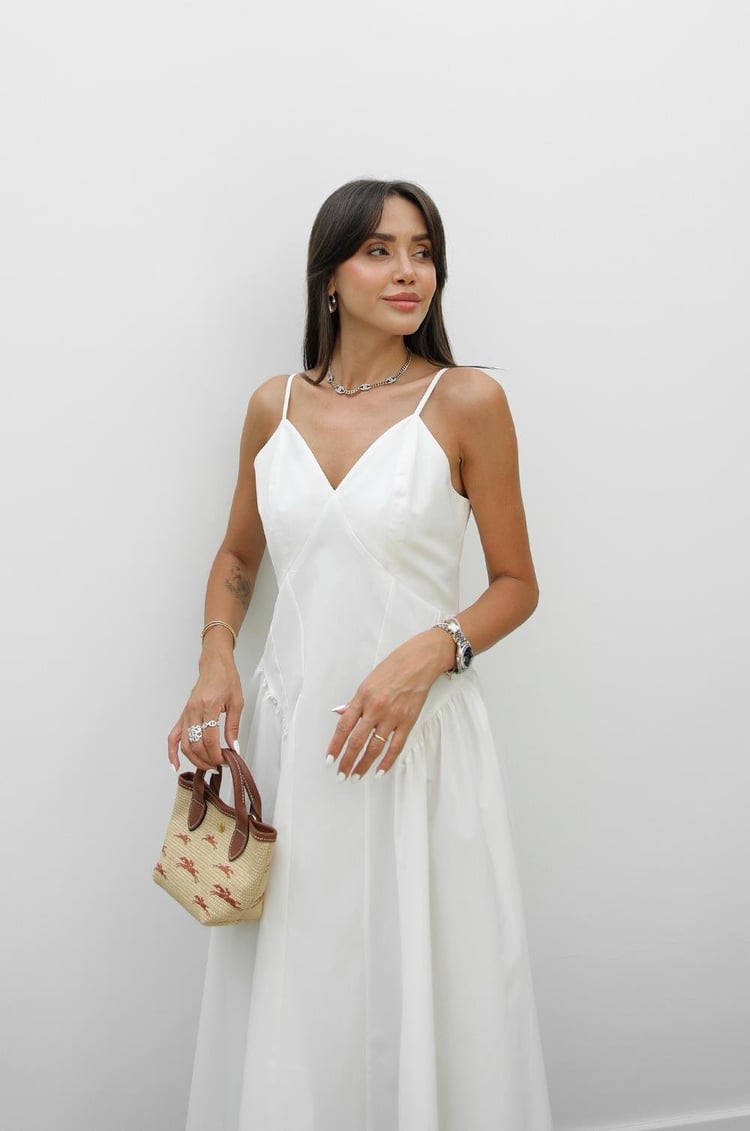 Ekru Solene Pamuklu Midi Elbise