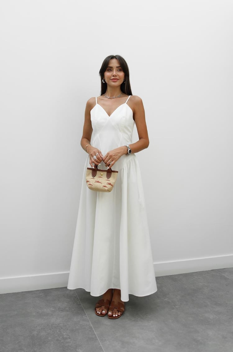 Ekru Solene Pamuklu Midi Elbise