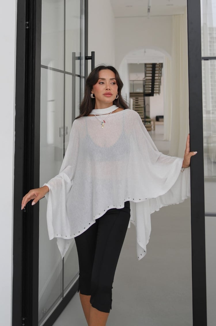 Ekru Taşlı Triko Pelerin Bluz