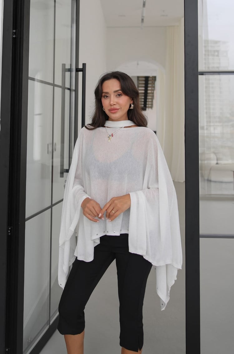 Ekru Taşlı Triko Pelerin Bluz