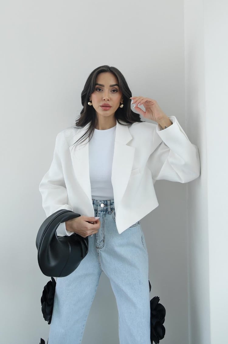 Ekru Vatkalı Crop Blazer Ceket