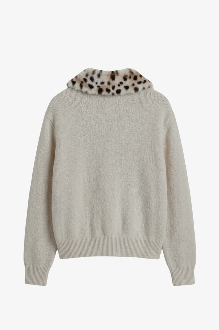 Ekru Yakası Peluş Leopar Desenli Hırka 
