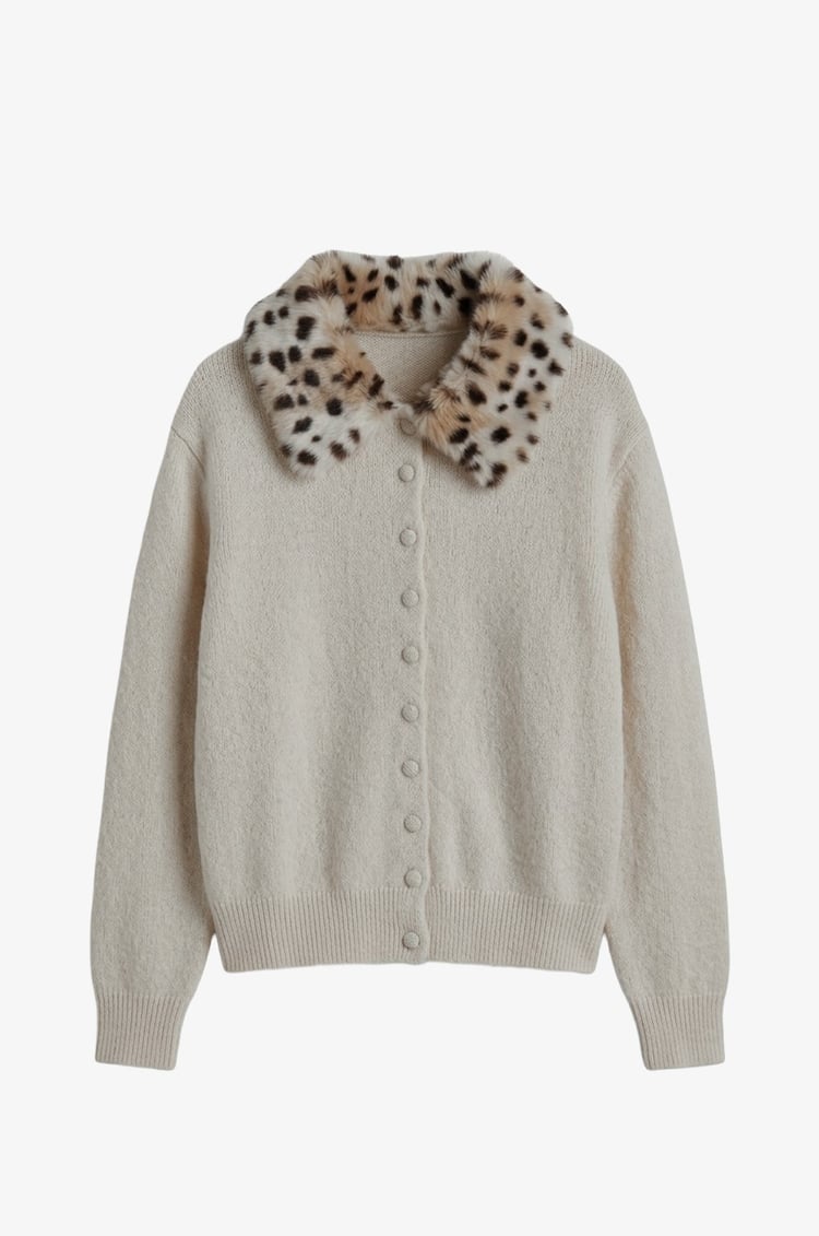 Ekru Yakası Peluş Leopar Desenli Hırka 
