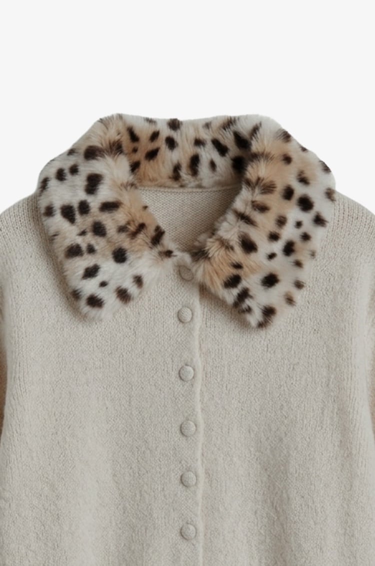 Ekru Yakası Peluş Leopar Desenli Hırka 