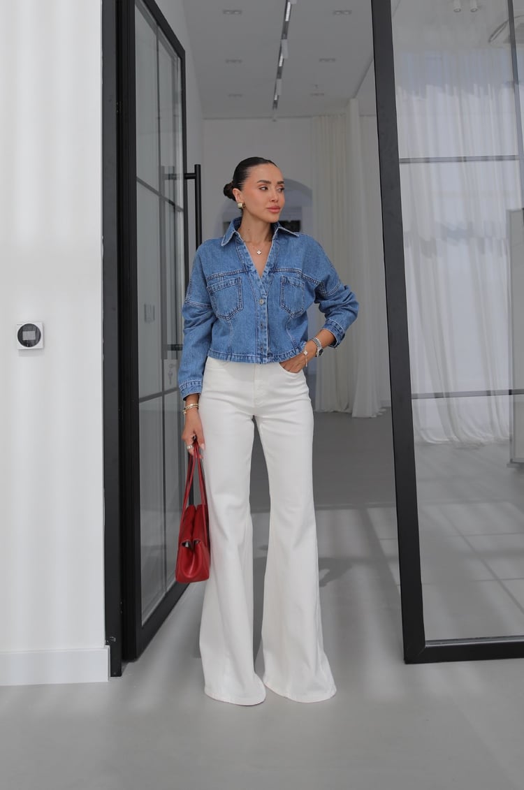 Ekru Yanı Dikiş Detaylı Wide Leg Jean