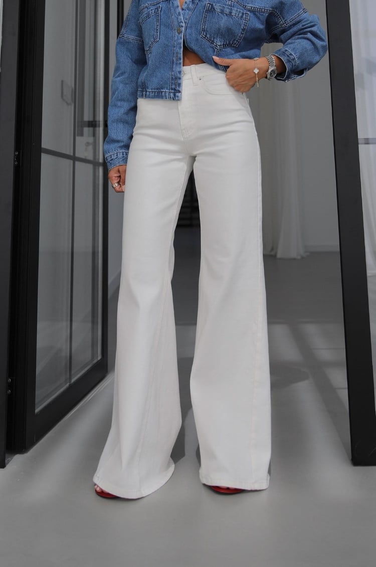 Ekru Yanı Dikiş Detaylı Wide Leg Jean