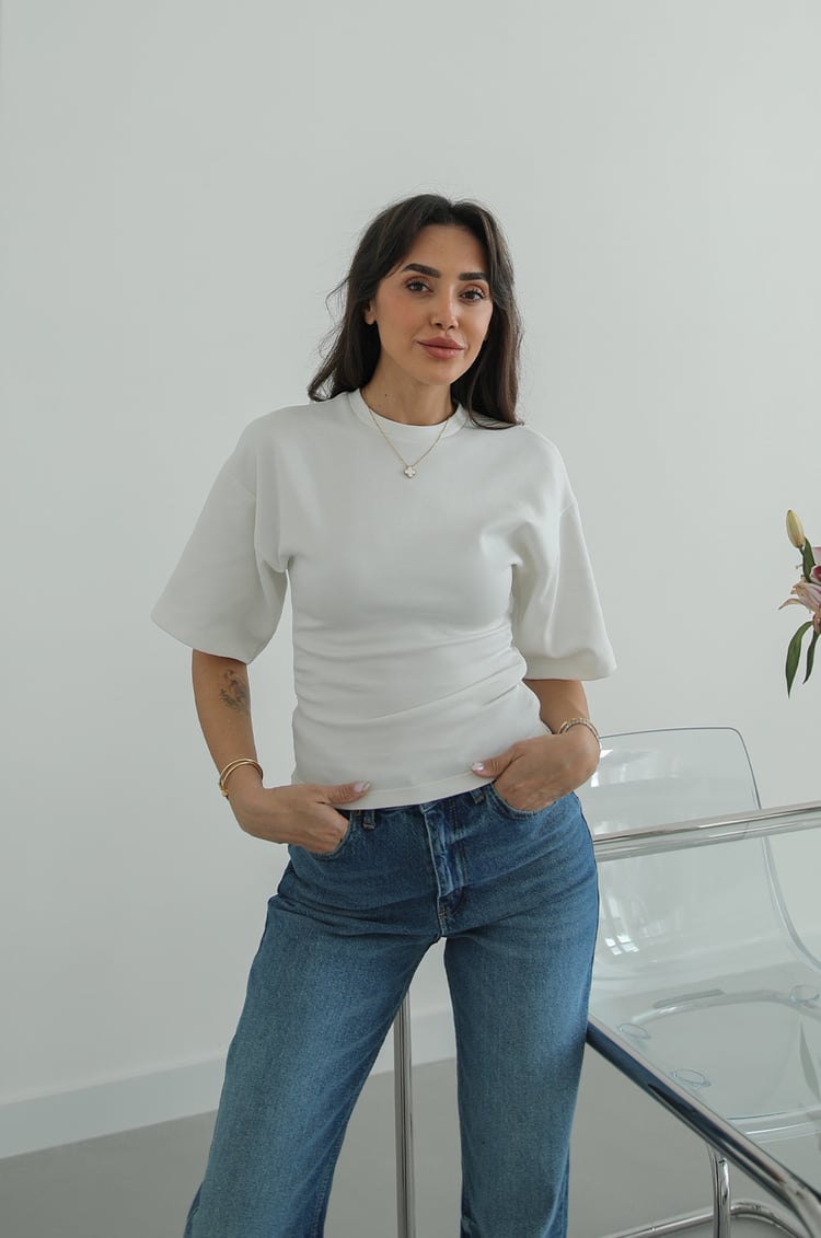 Ekru Yanları Büzgülü Tişört