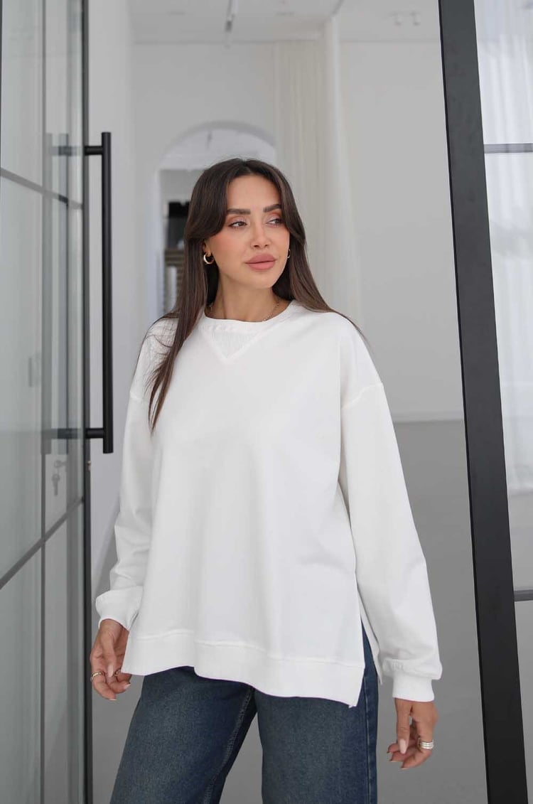 Ekru Yanları Yırtmaçlı Oversize Sweatshirt