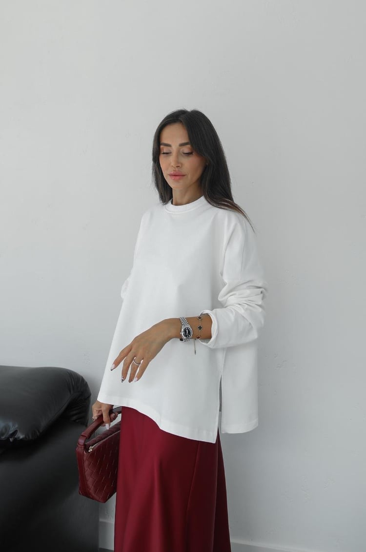 Ekru Yırtmaçlı Oversize Sweatshirt