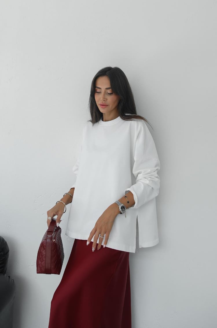 Ekru Yırtmaçlı Oversize Sweatshirt