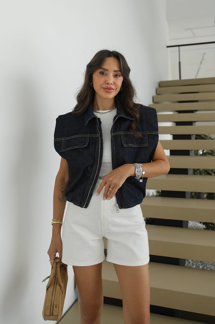 Ekru Yüksek Bel Denim Şort
