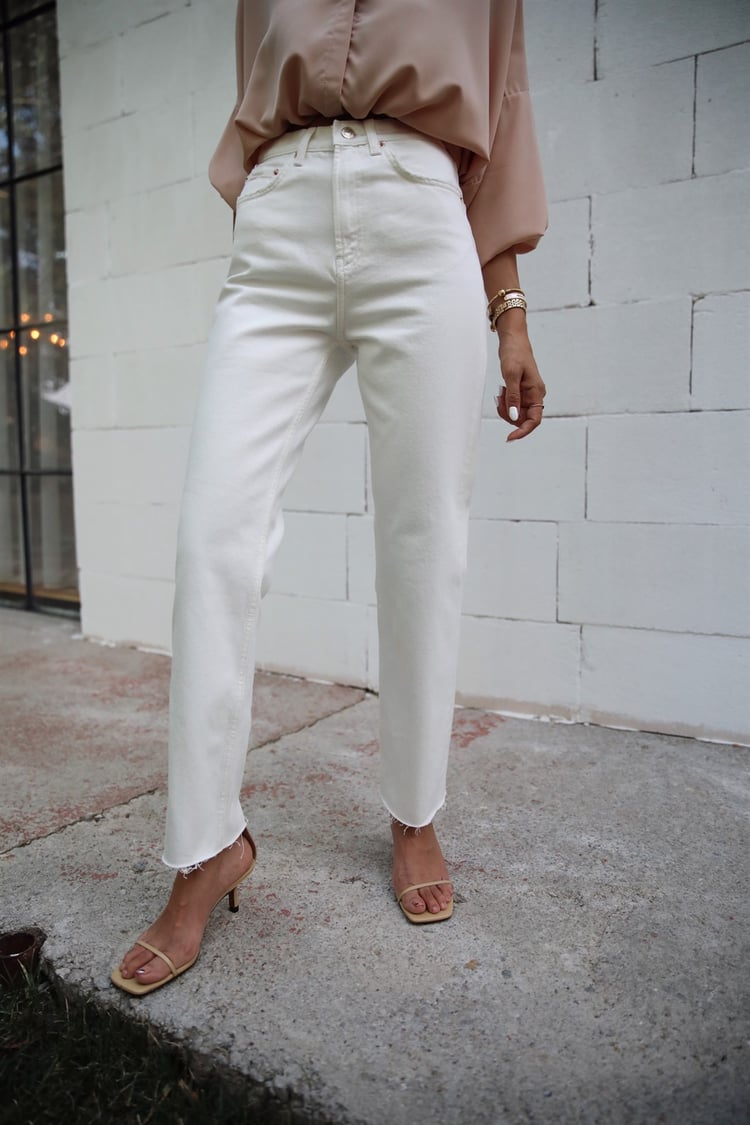 Ekru Yüksek Bel Straight Jean