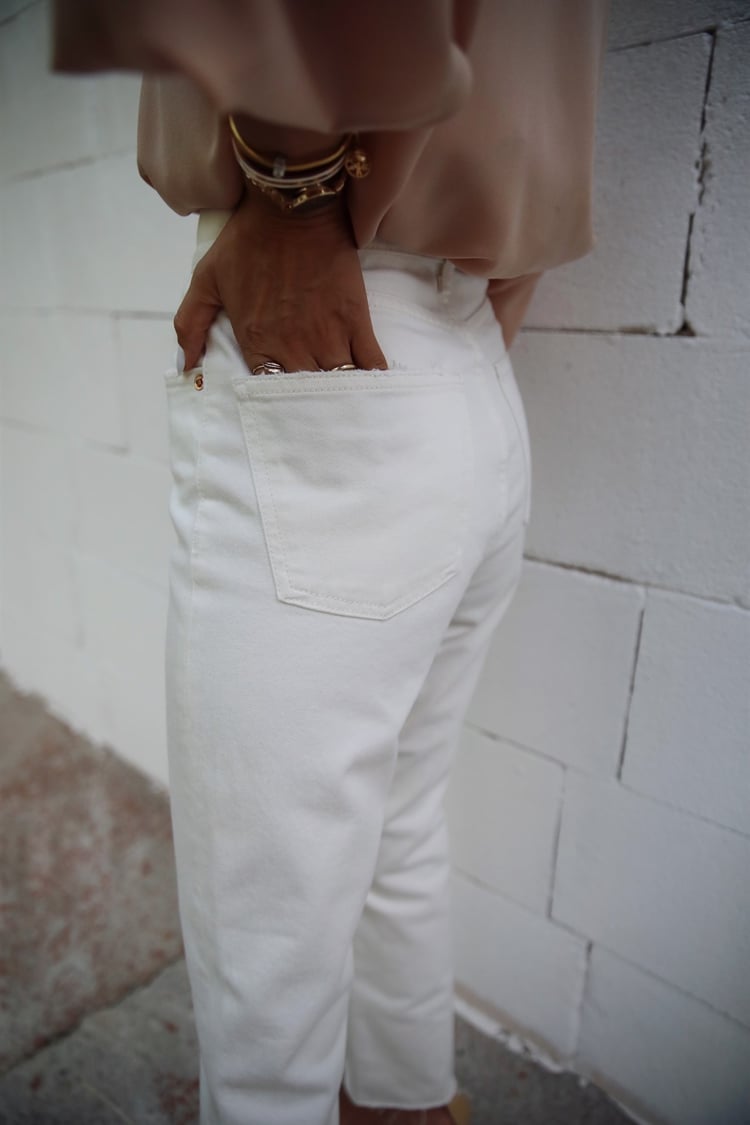 Ekru Yüksek Bel Straight Jean