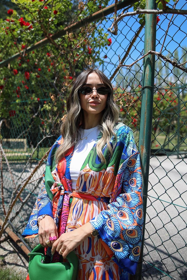 Etamin Desenli Kuşaklı Kimono