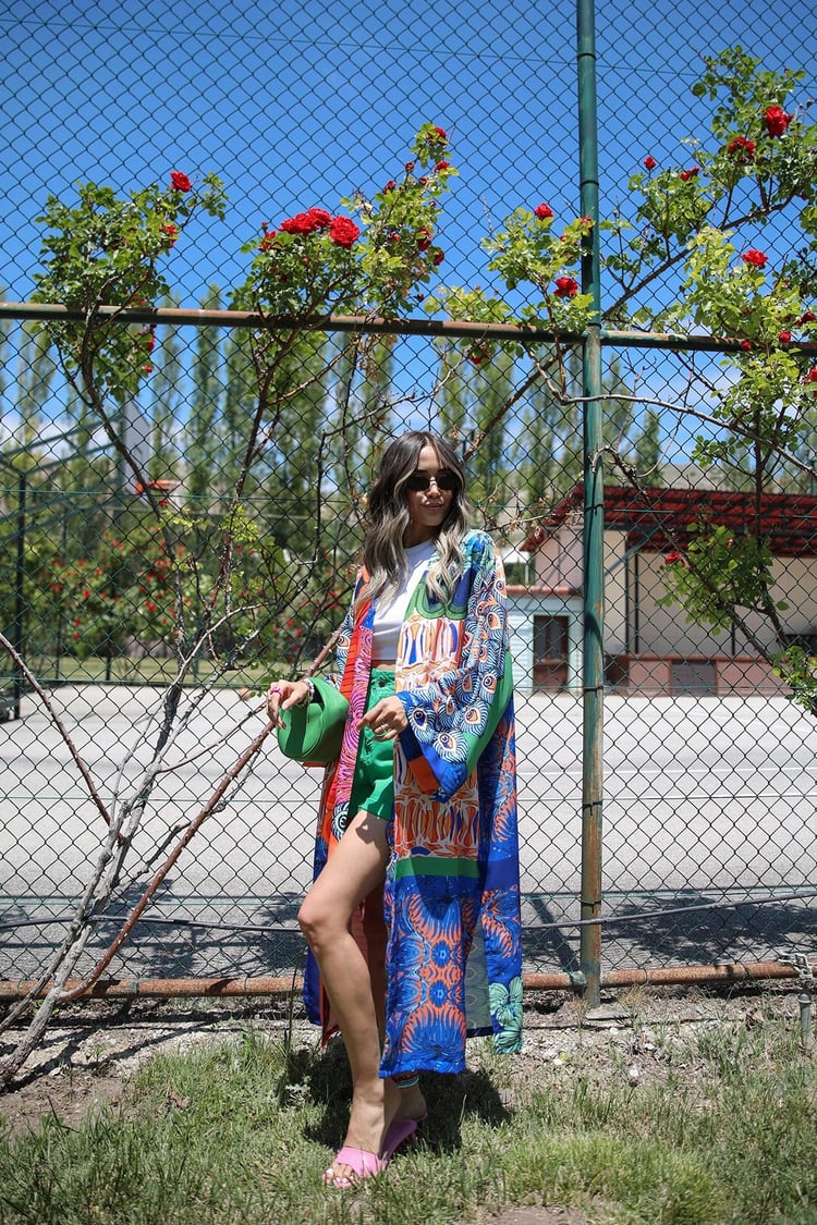 Etamin Desenli Kuşaklı Kimono