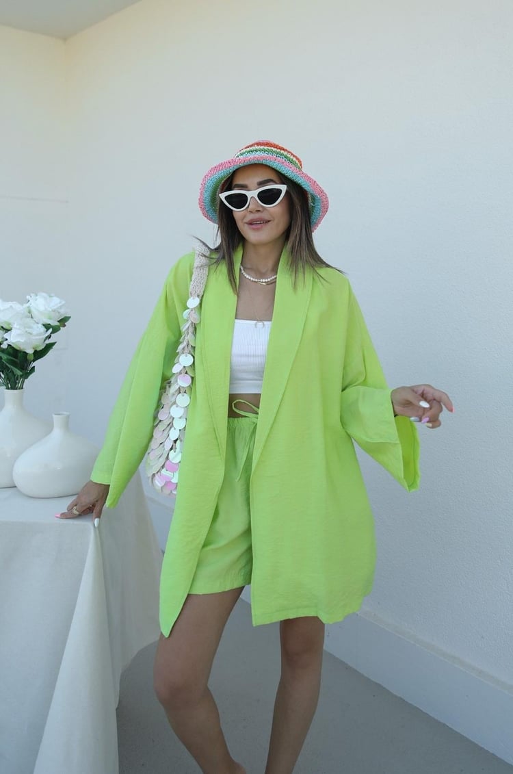 Fıstık Yeşili Kısa Kimono Şortlu Takım