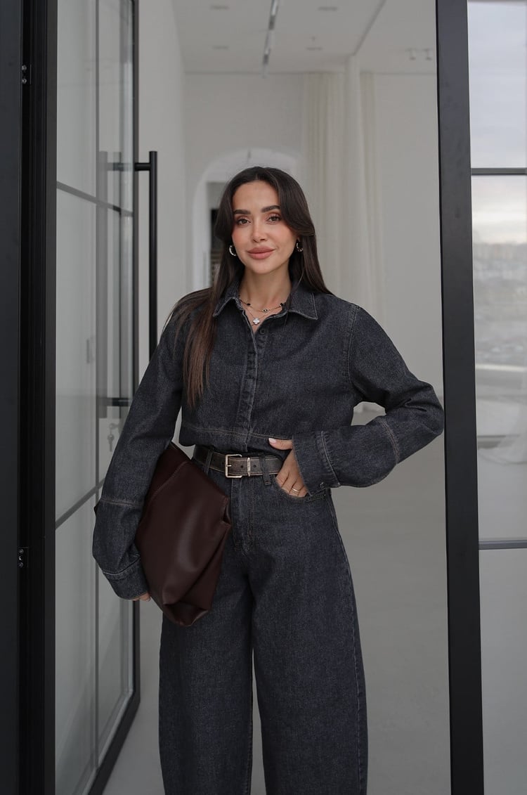 Füme Gizli Düğmeli Fit Denim Ceket