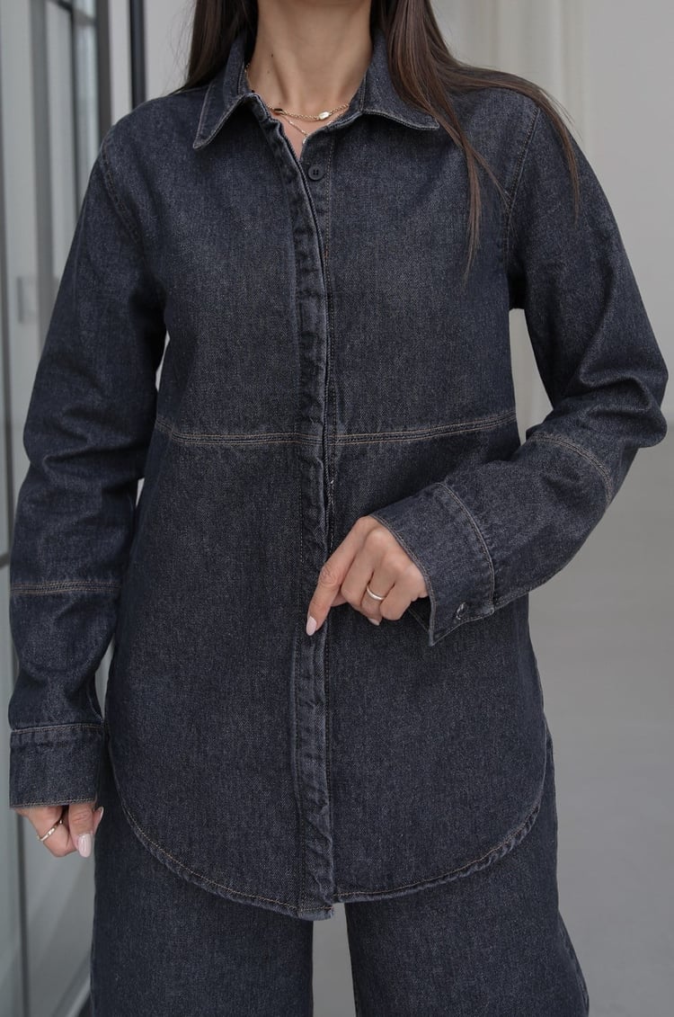 Füme Gizli Düğmeli Fit Denim Ceket