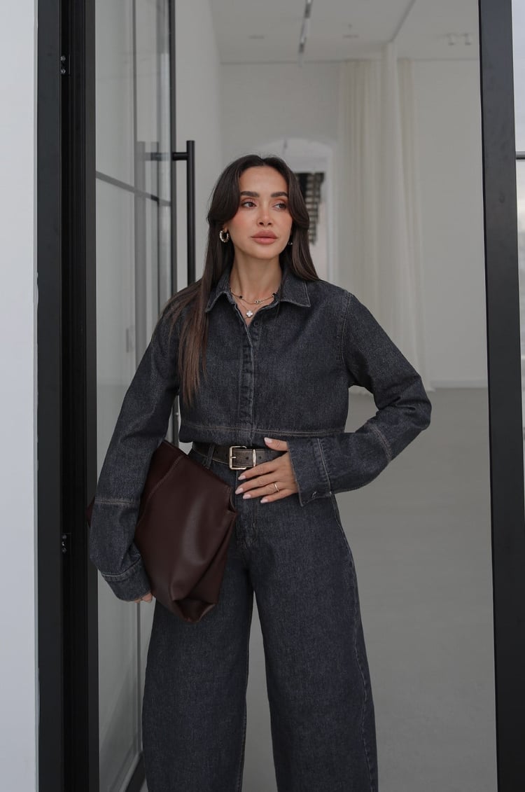 Füme Gizli Düğmeli Fit Denim Ceket
