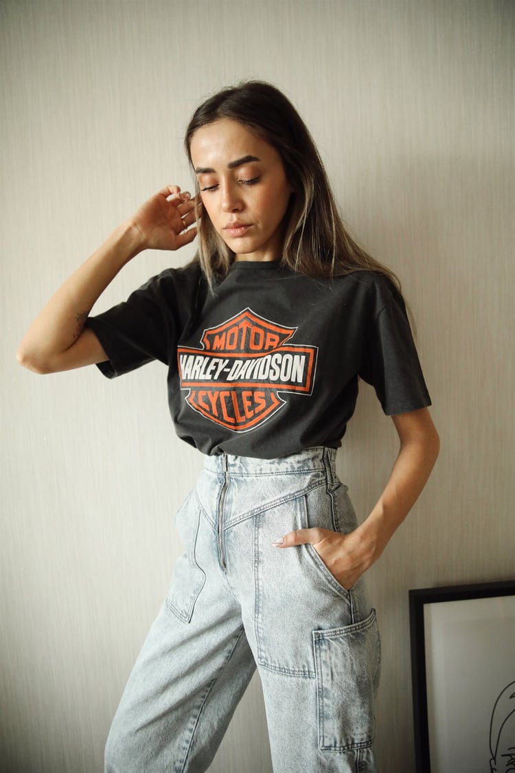 Füme Harley Davidson Baskılı Tişört