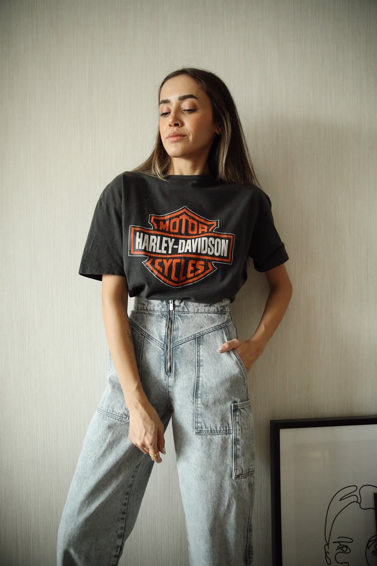 Füme Harley Davidson Baskılı Tişört