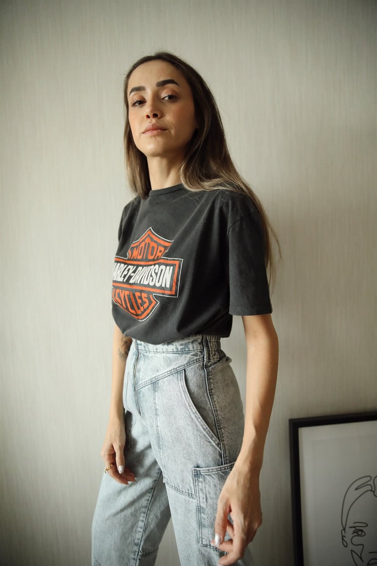 Füme Harley Davidson Baskılı Tişört