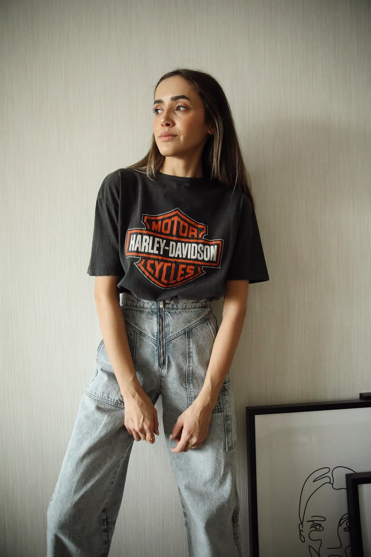 Füme Harley Davidson Baskılı Tişört