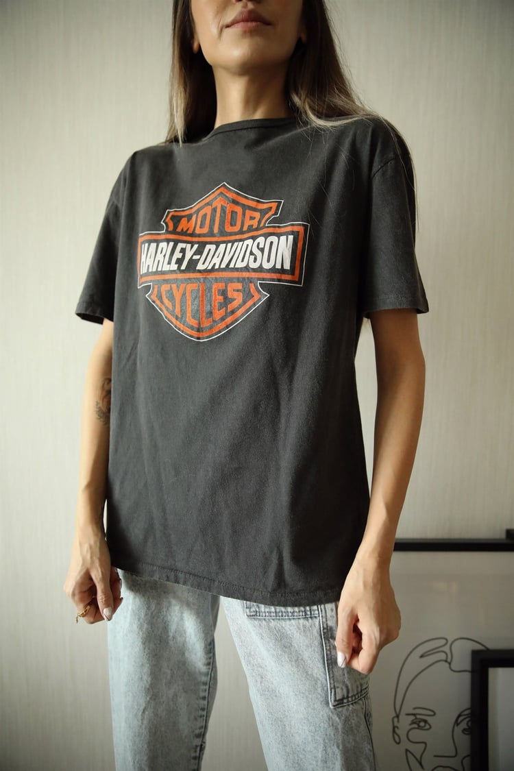 Füme Harley Davidson Baskılı Tişört