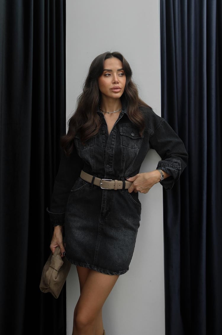 Füme Kısa Denim Elbise