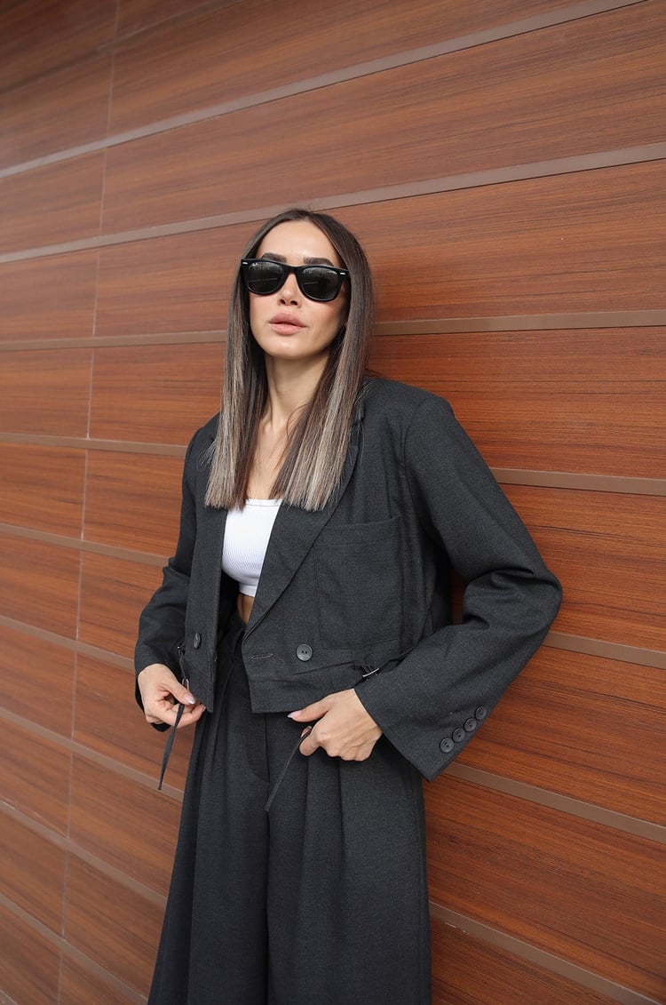 Füme Pantolon Crop Blazer Takım