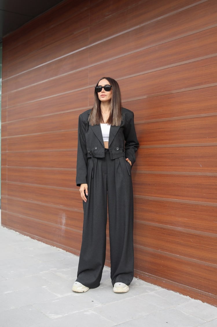 Füme Pantolon Crop Blazer Takım