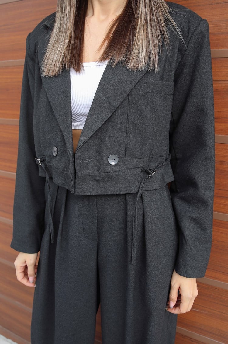 Füme Pantolon Crop Blazer Takım