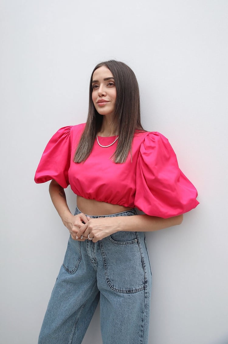 Fuşya Balon Kol Crop Bluz