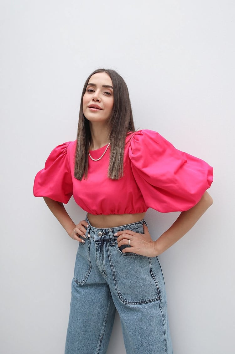 Fuşya Balon Kol Crop Bluz