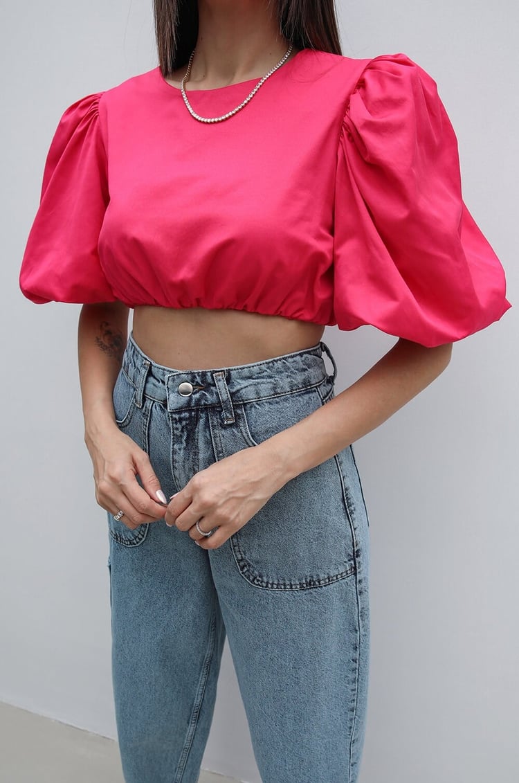 Fuşya Balon Kol Crop Bluz