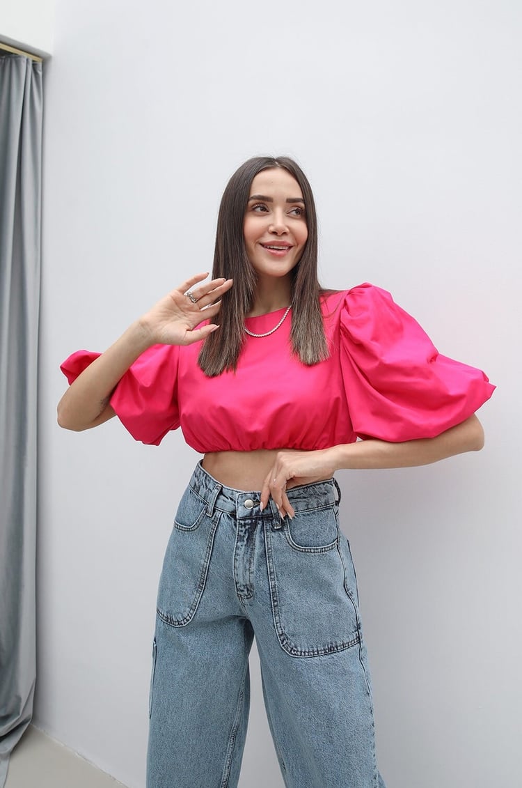 Fuşya Balon Kol Crop Bluz