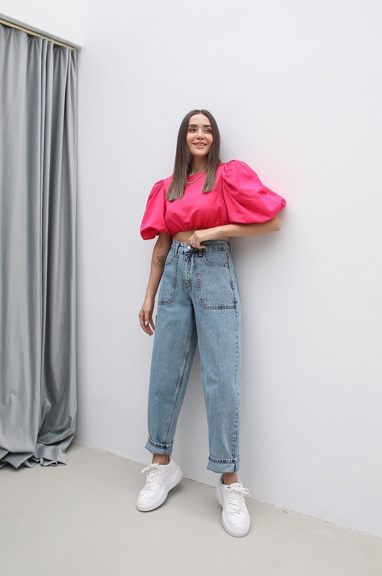 Fuşya Balon Kol Crop Bluz