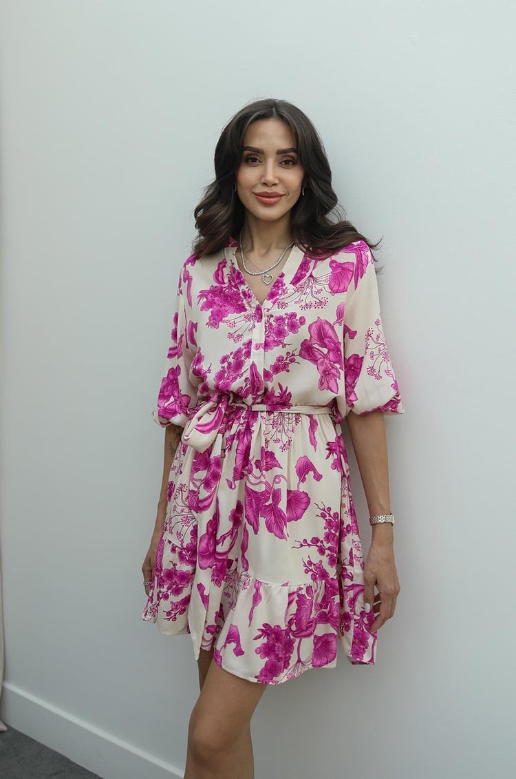 Fuşya Butchart Desenli Kuşaklı Elbise