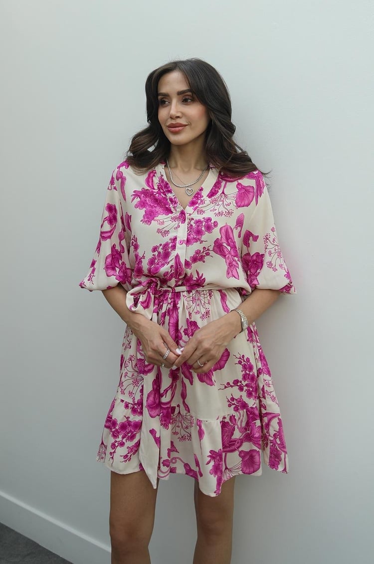 Fuşya Butchart Desenli Kuşaklı Elbise