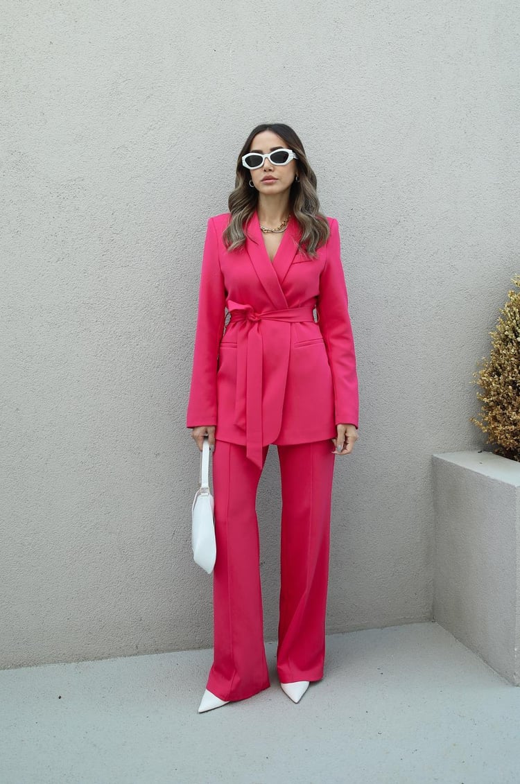 Fuşya Kuşaklı Ceket Pantolon Takım