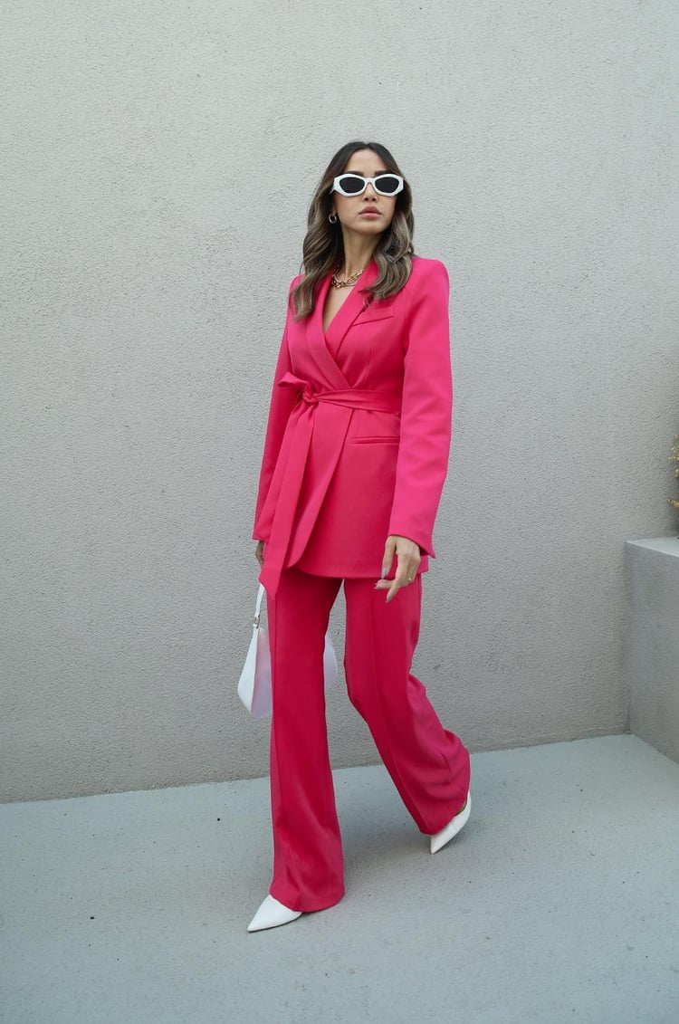 Fuşya Kuşaklı Ceket Pantolon Takım
