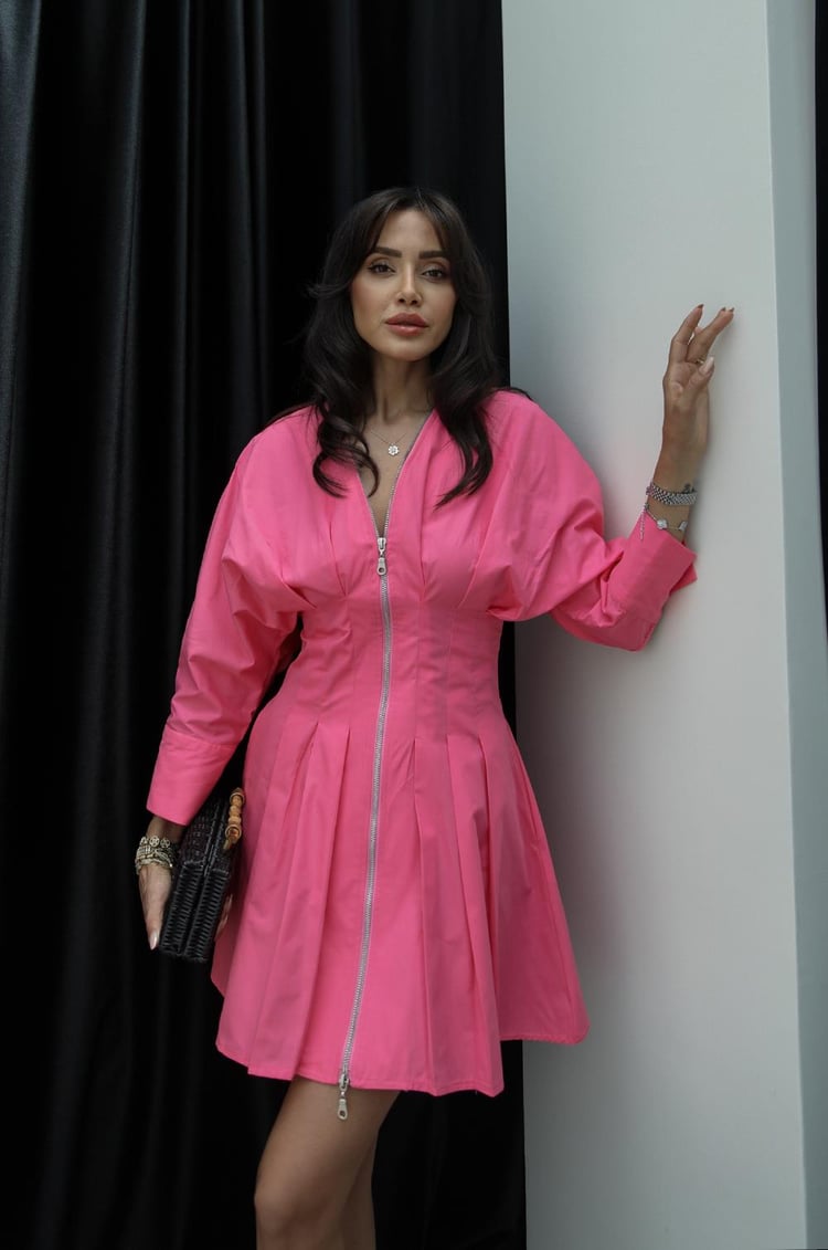 Fuşya Pensli Fermuarlı Elbise