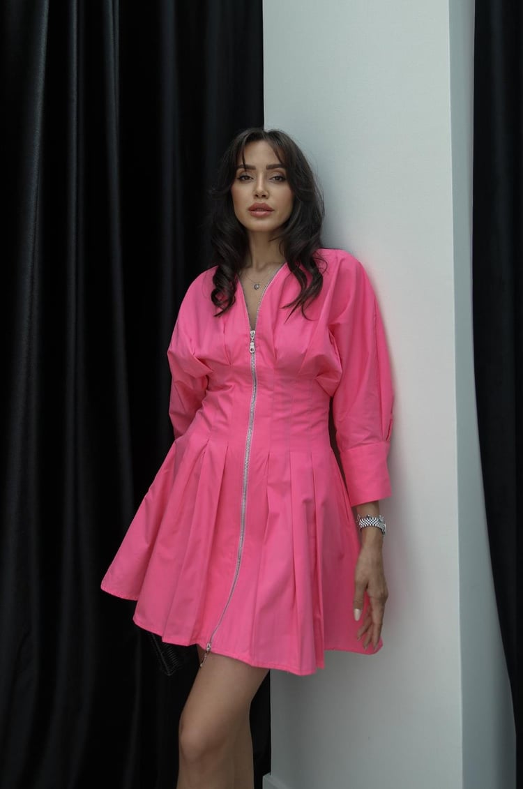 Fuşya Pensli Fermuarlı Elbise