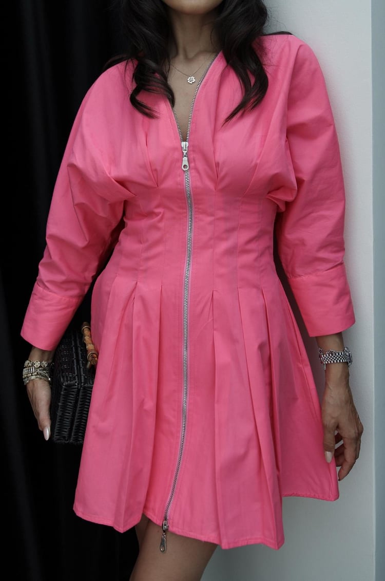 Fuşya Pensli Fermuarlı Elbise