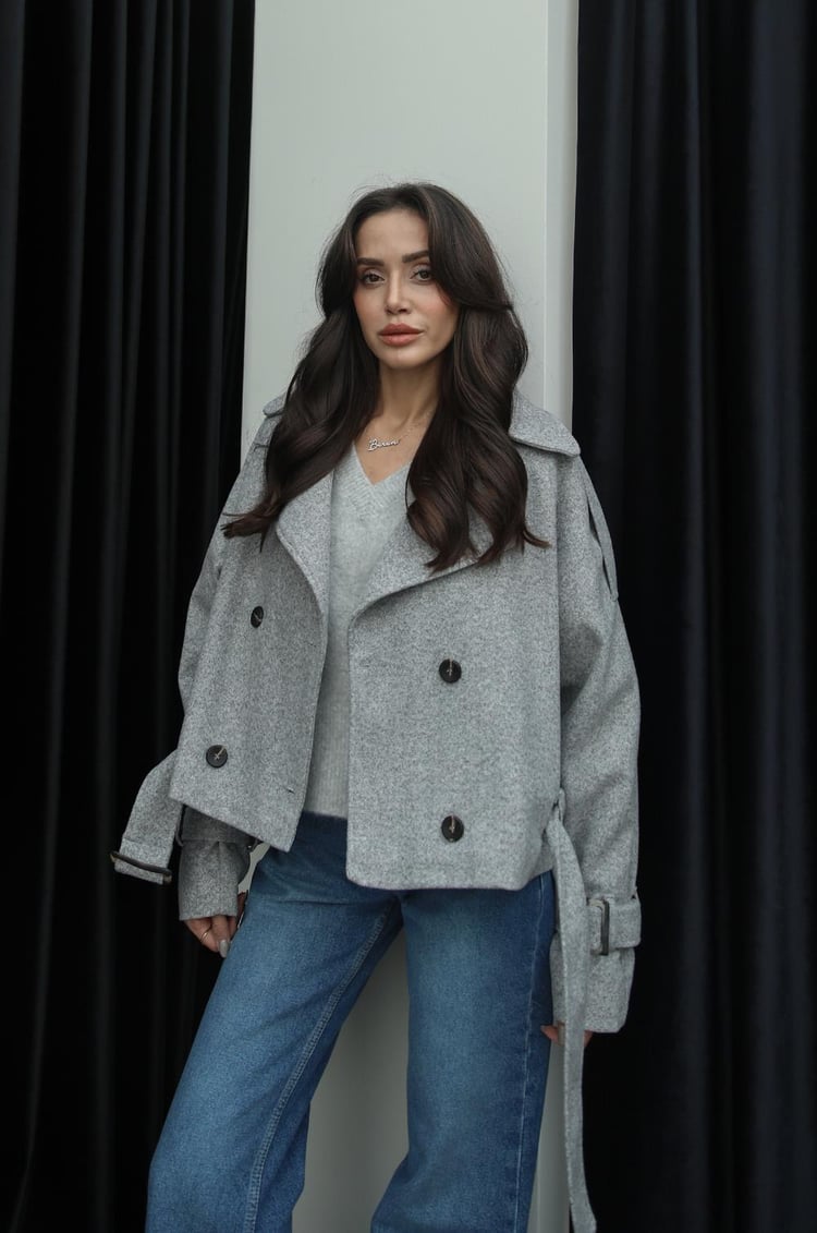 Gri Altı Kemerli Kısa Kaşe Kaban