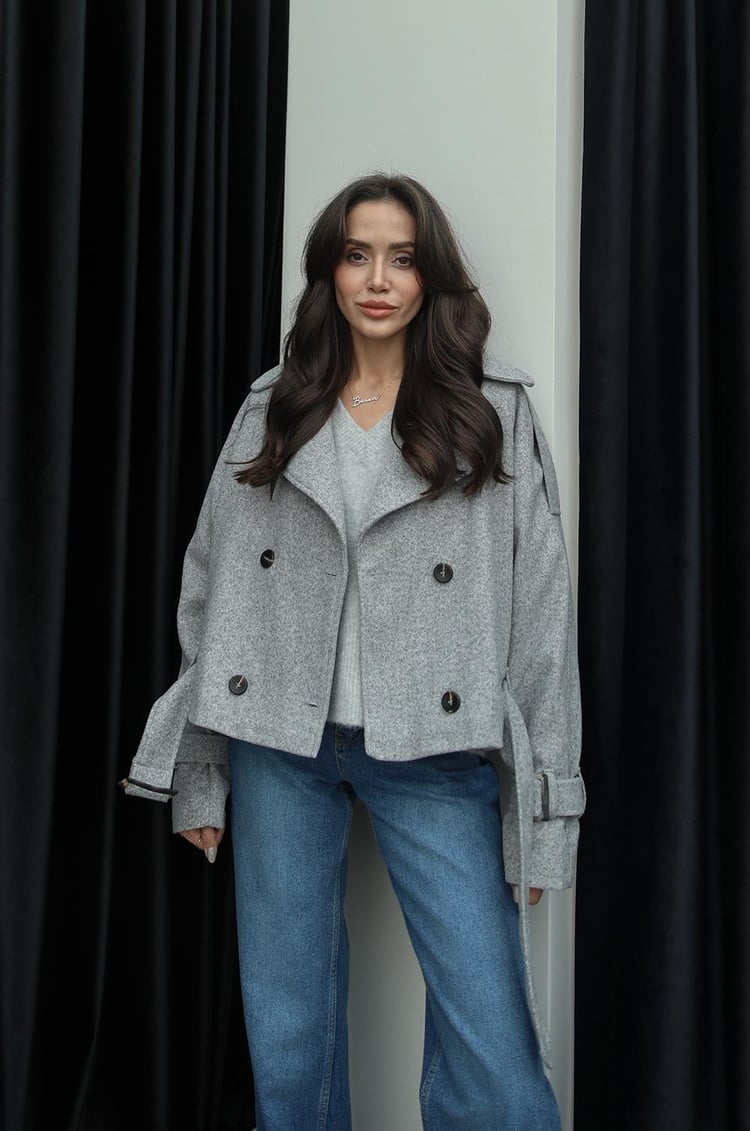 Gri Altı Kemerli Kısa Kaşe Kaban