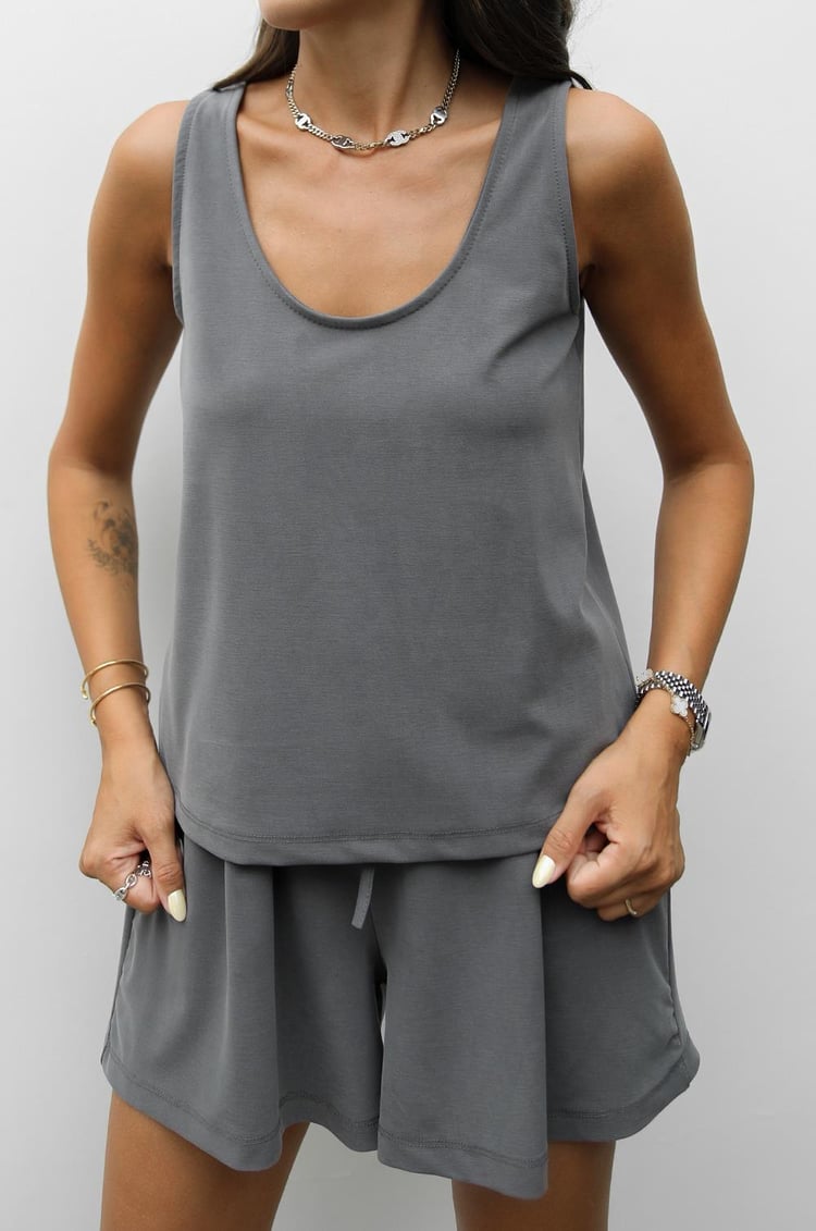 Gri Askılı Bluz Şort Modal Takım